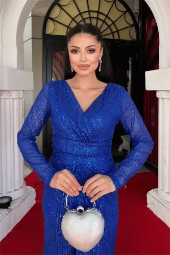 Sequin Fabric Crossover Neck Evening Dress - SAX BLUE - 3