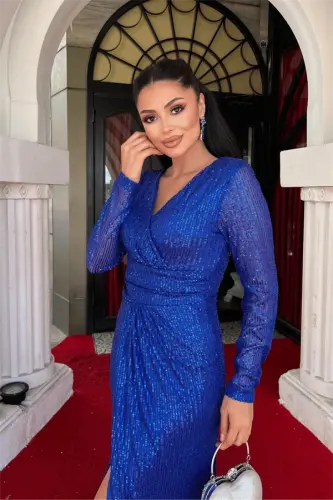 Sequin Fabric Crossover Neck Evening Dress - SAX BLUE - 4