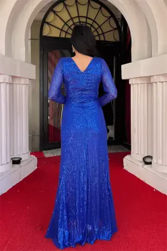 Sequin Fabric Crossover Neck Evening Dress - SAX BLUE - 5