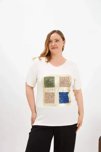 Sequin Four Color Blocked Plus Size T-Shirt Ecru - 1