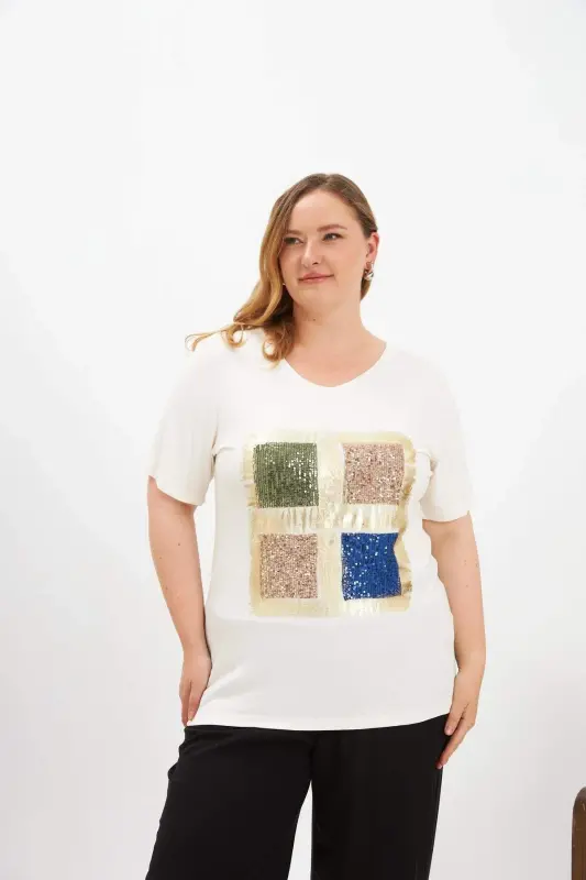 Sequin Four Color Blocked Plus Size T-Shirt Ecru - BÜYÜKBEDENIZ