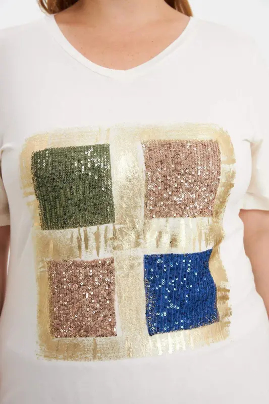 Sequin Four Color Blocked Plus Size T-Shirt Ecru - 3