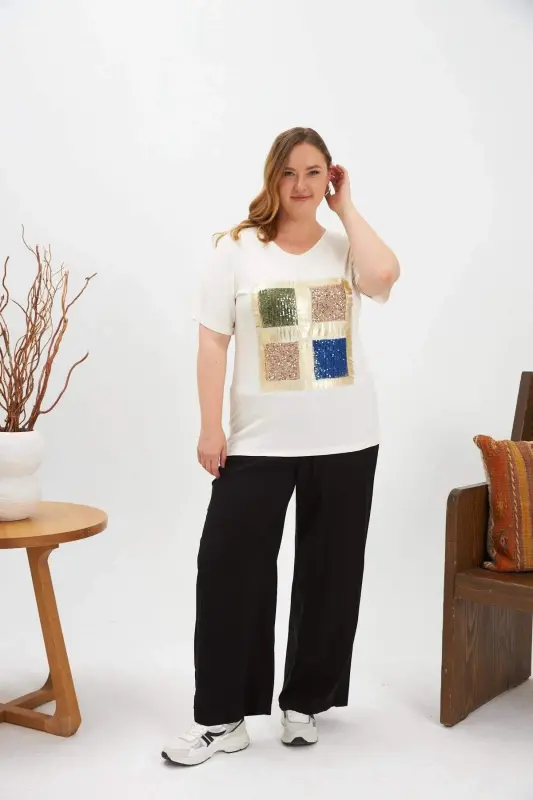 Sequin Four Color Blocked Plus Size T-Shirt Ecru - 5