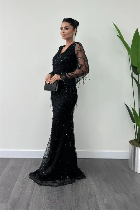 Sequin Fringe Design Dress - Black - 2