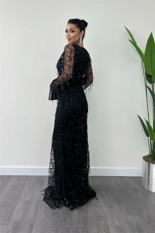 Sequin Fringe Design Dress - Black - 5