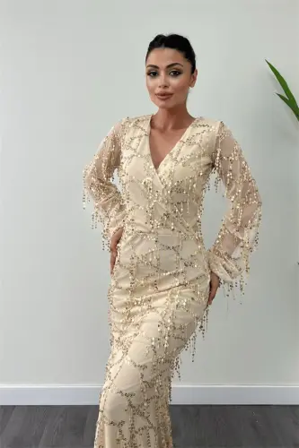 Sequin Fringe Design Dress - GOLD - 3