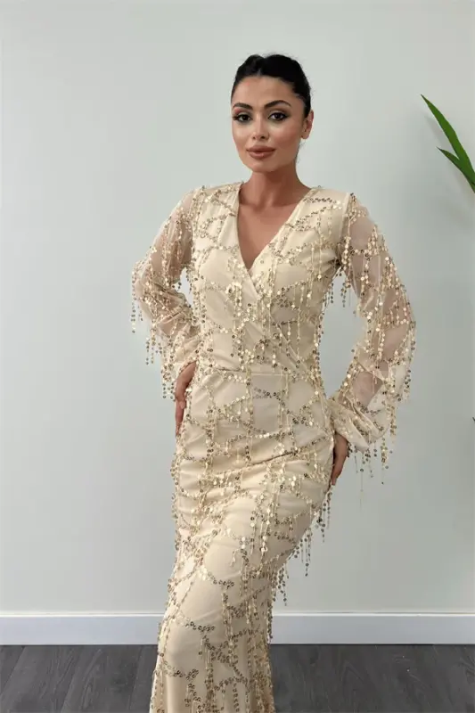 Sequin Fringe Design Dress - GOLD - 3