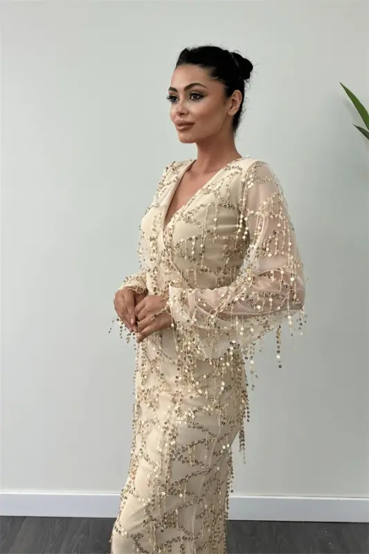 Sequin Fringe Design Dress - GOLD - 4