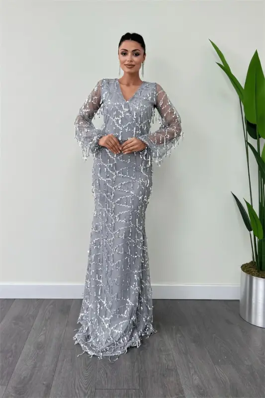 Sequin Fringe Design Dress - GRAY - BÜYÜKBEDENIZ