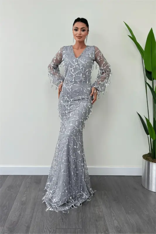 Sequin Fringe Design Dress - GRAY - 2