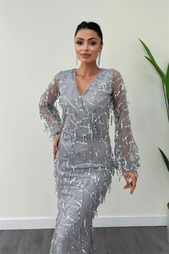 Sequin Fringe Design Dress - GRAY - 3