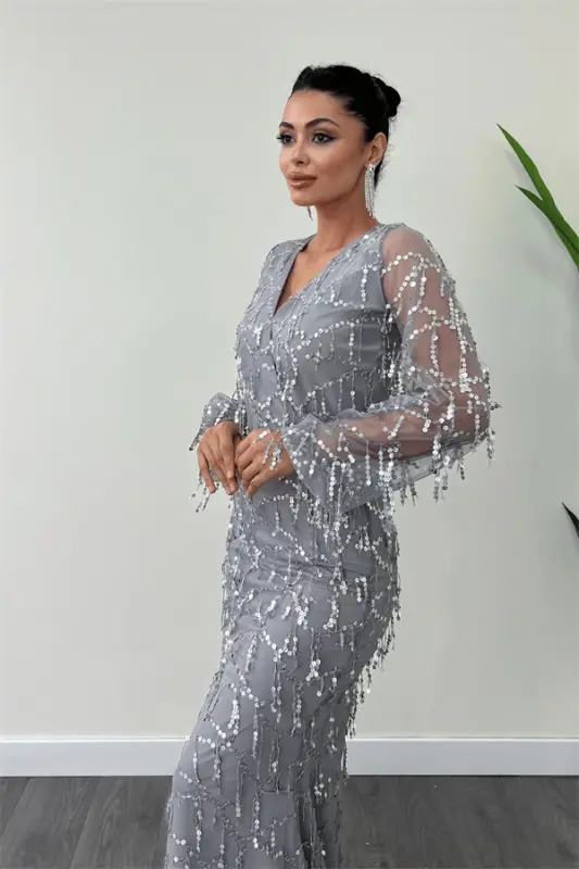 Sequin Fringe Design Dress - GRAY - 4