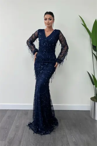 Sequin Fringe Design Dress - Navy Blue - BÜYÜKBEDENIZ (1)