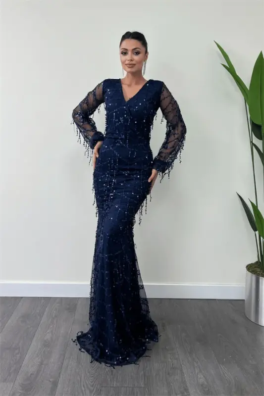 Sequin Fringe Design Dress - Navy Blue - 2