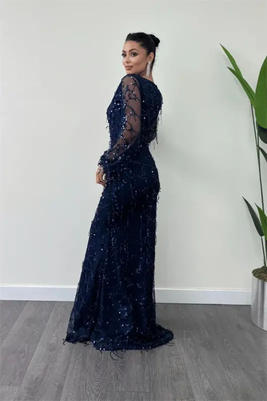 Sequin Fringe Design Dress - Navy Blue - 4