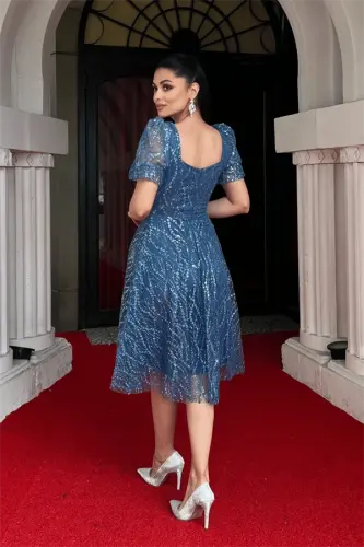 Sequin Glitter Fabric Square Neck Mini Dress - INDIGO BLUE - 5