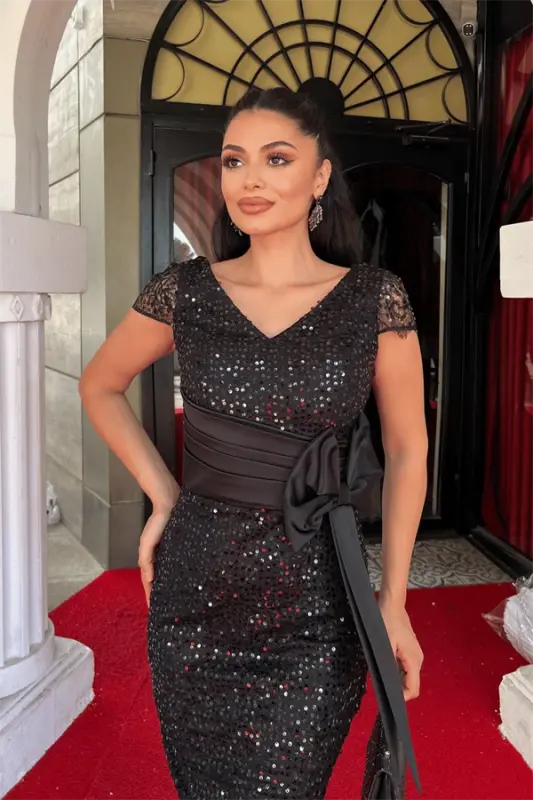 Sequin Lace Fabric Design Pen Dress - BLACK - 3