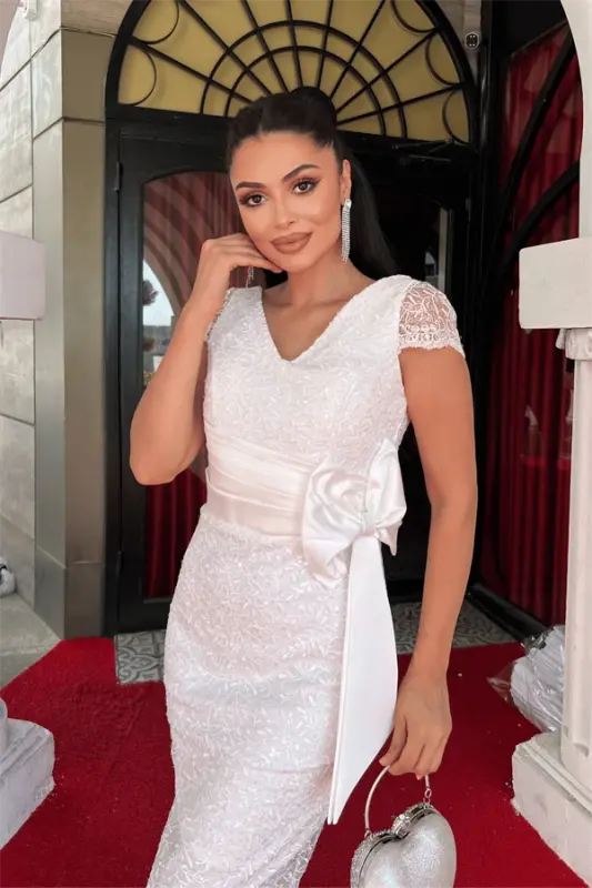 Sequin Lace Fabric Design Pen Dress - WHITE - 3