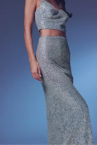 Sequin Long Skirt - BEIGE-BEIGE - 5