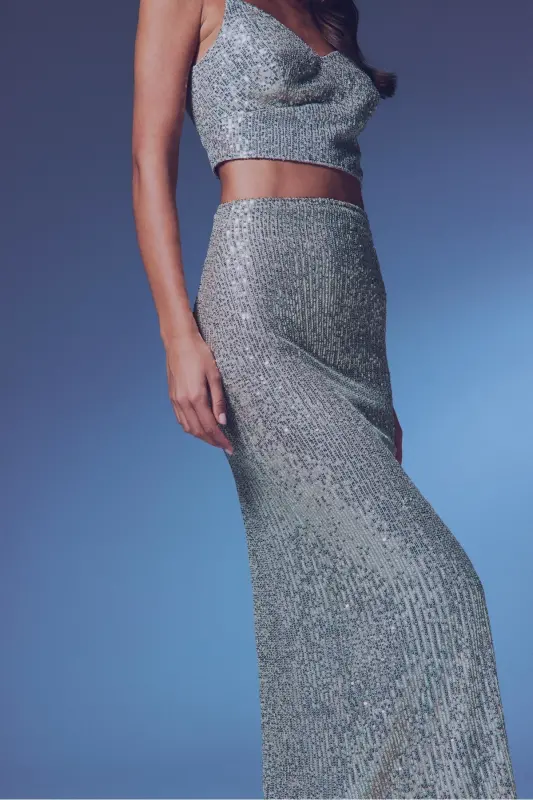 Sequin Long Skirt - BEIGE-BEIGE - 5