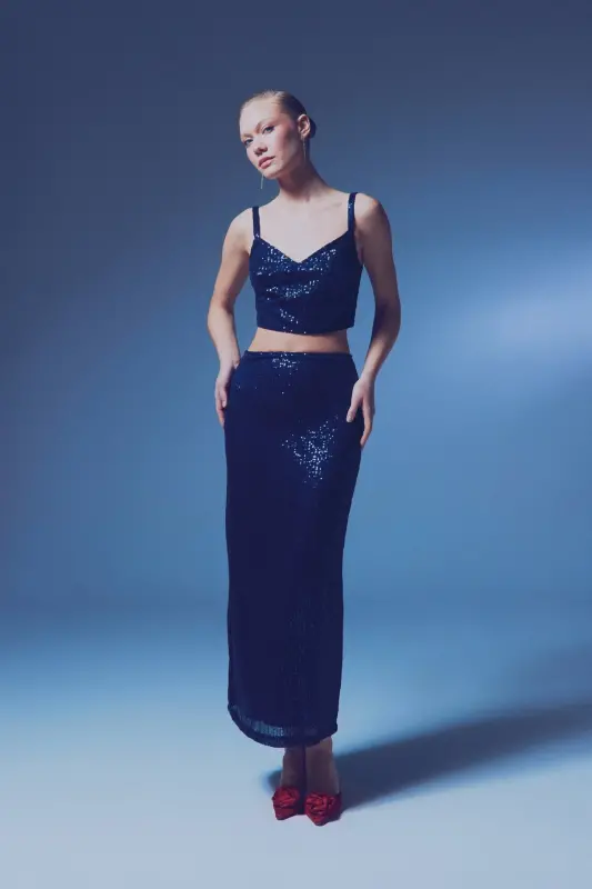 Sequin Maxi Skirt - NAVY-NAVY - 1