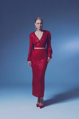 Sequin Maxi Skirt - RED-RED 