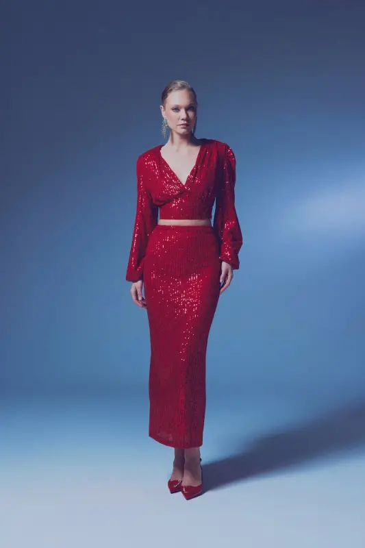 Sequin Maxi Skirt - RED-RED - 1