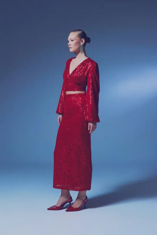 Sequin Maxi Skirt - RED-RED - 2
