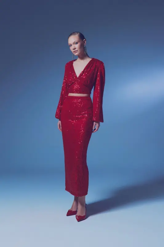 Sequin Maxi Skirt - RED-RED - 3
