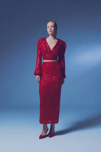 Sequin Maxi Skirt - RED-RED - 4