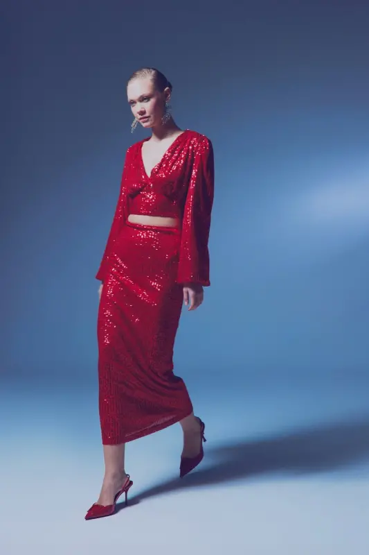 Sequin Maxi Skirt - RED-RED - 5