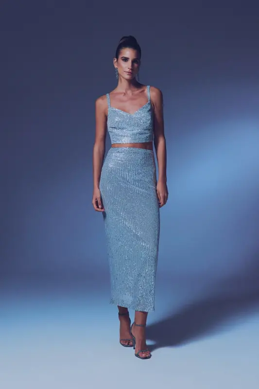 Sequin Maxi Skirt - SILVER-SILVER - SATEEN