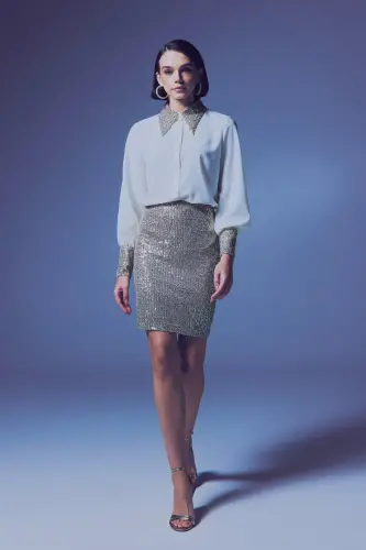 Sequin Mini Skirt - Beige-BEIGE 