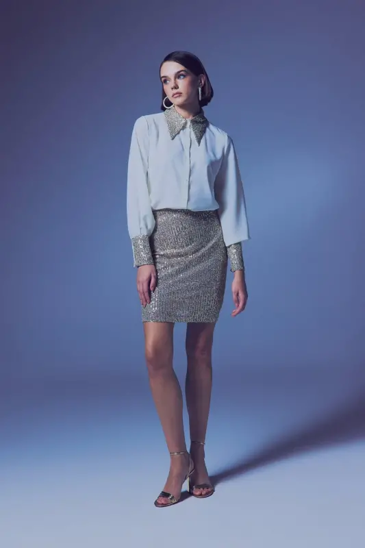 Sequin Mini Skirt - Beige-BEIGE - 4