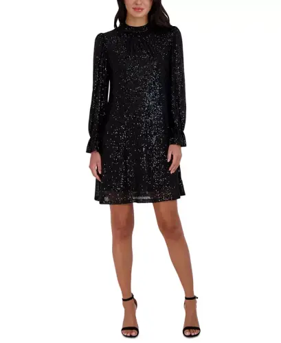 Sequin Mock-Neck Sheath Dress-Black 