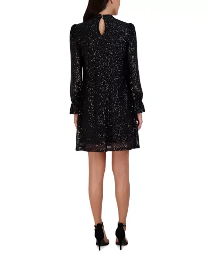 Sequin Mock-Neck Sheath Dress-Black - 2