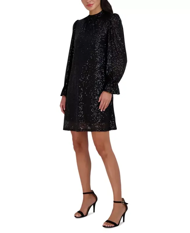Sequin Mock-Neck Sheath Dress-Black - 3