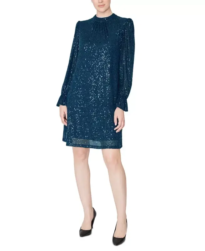 Sequin Mock-Neck Sheath Dress-Teal - 1