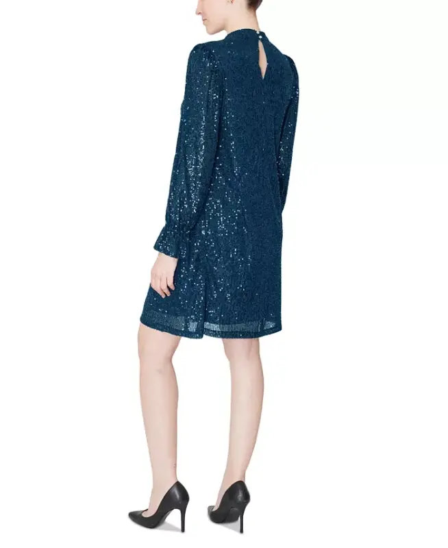 Sequin Mock-Neck Sheath Dress-Teal - 2
