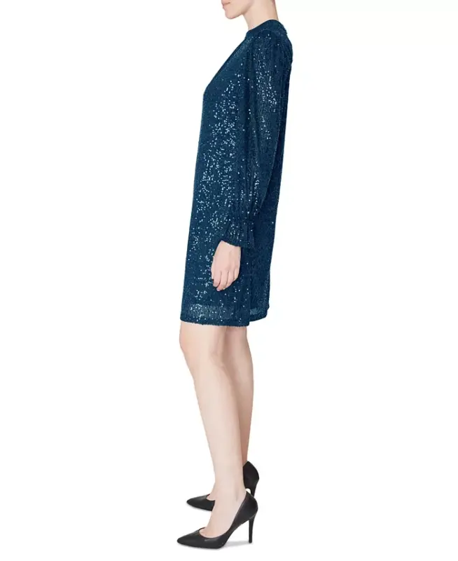 Sequin Mock-Neck Sheath Dress-Teal - 3
