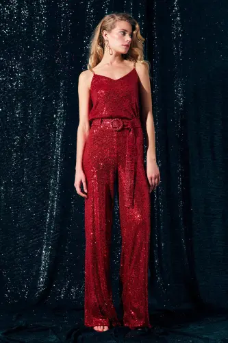 Sequin Pants with Belt - Red-RED - SATEEN (1)
