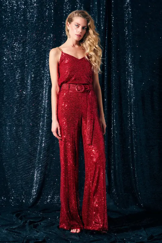Sequin Pants with Belt - Red-RED - 4