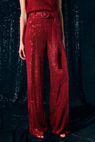 Sequin Pants with Belt - Red-RED - 6