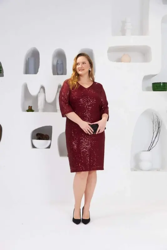 Sequin Plus Size Evening Dress Burgundy - 2