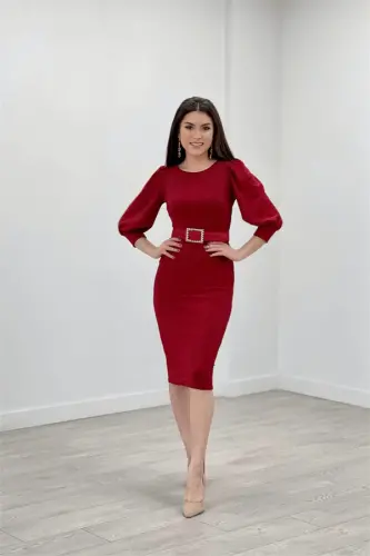 Sequin Sleeve Ballon Detail Pencil Dress - RED - 1