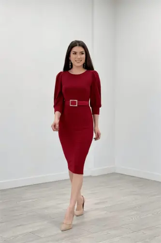 Sequin Sleeve Ballon Detail Pencil Dress - RED - 2