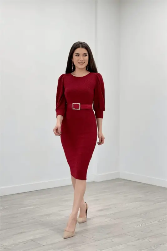 Sequin Sleeve Ballon Detail Pencil Dress - RED - 2