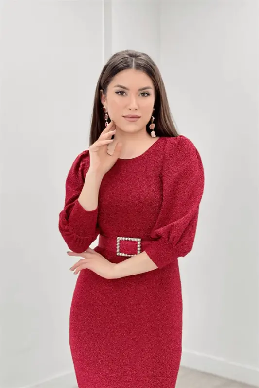 Sequin Sleeve Ballon Detail Pencil Dress - RED - 4