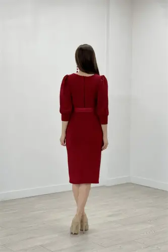 Sequin Sleeve Ballon Detail Pencil Dress - RED - 5