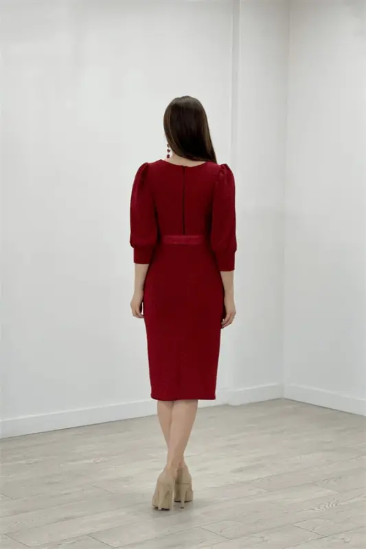 Sequin Sleeve Ballon Detail Pencil Dress - RED - 5